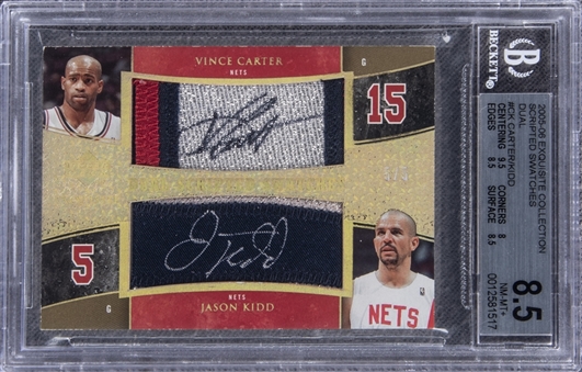 2005-06 UD "Exquisite Collection" Scripted Swatches Dual #CK Vince Carter/Jason Kidd Dual Signed Game Used Patch Card (#5/5) – BGS NM-MT+ 8.5/BGS 9